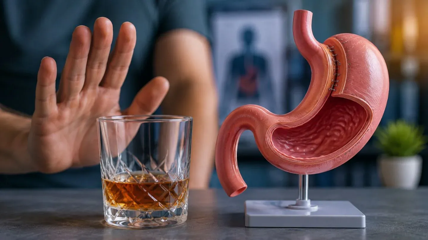 Man Refusing Whiskey Glass And A Stomach Anatomy Model
